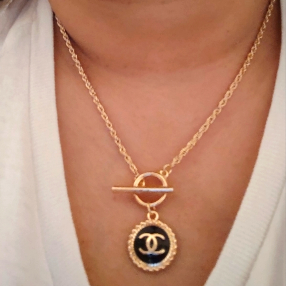 Gold Necklace with Black Signature Pendant Brand New